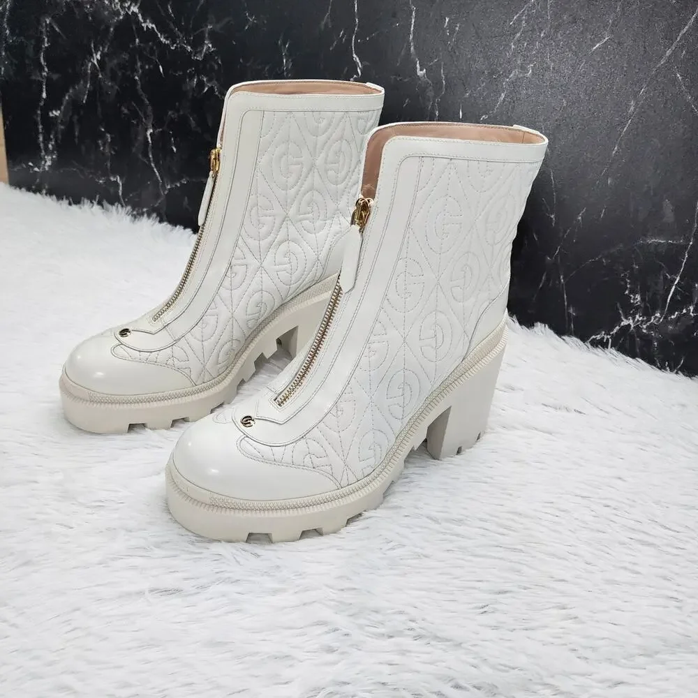 Gucci Calfskin G Rhombus Quilted Ankle Boots White 39.5G | 9.5 US - Picture 2 of 16